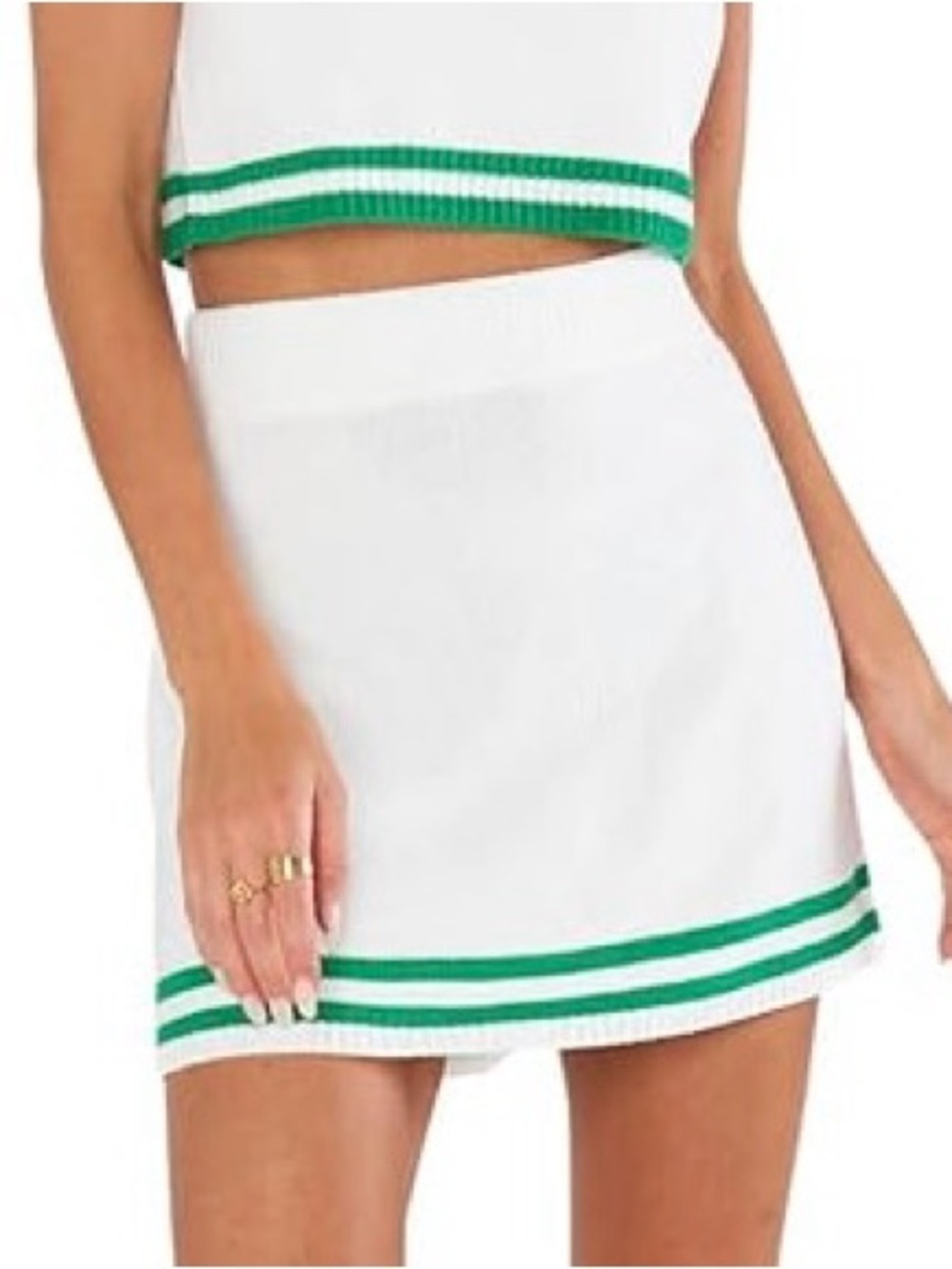 Show Me Your MuMu Cream Knit Mini Skirt with Green Stripes